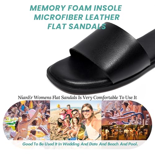 Image of NianEr Womens Microfiber Leather Memory Foam H Sandals Summer Shoes Slides | Flat, Comfortable, Slip On, Dressy, Dress, Beach, Vacation, Designer, Comfy, Casual, Bridal, Church, Boho, Office, Work