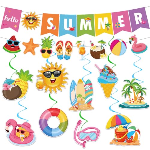 Image of Summer Party Decorations - Pre-Strung Hello Summer Banner and Hanging Swirls Beach Party Decor for Home Office Classroom