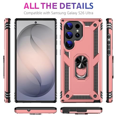 Image of for Samsung Galaxy S26 Ultra Case with Screen Protector, Heavy Duty Military Grade Shockproof Rugged Protective Cover for Samsung S26 Ultra Phone Case with Metal Ring Magnetic Kickstand (Pink)