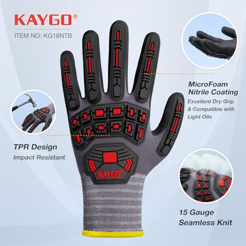KAYGO Impact Reducing Work Gloves for Men,3 Pairs KG18N TPR Safety Work Gloves MicroFoam Nitrile Coated, Seamless Knit Nylon, Ideal for General Purpose, L
