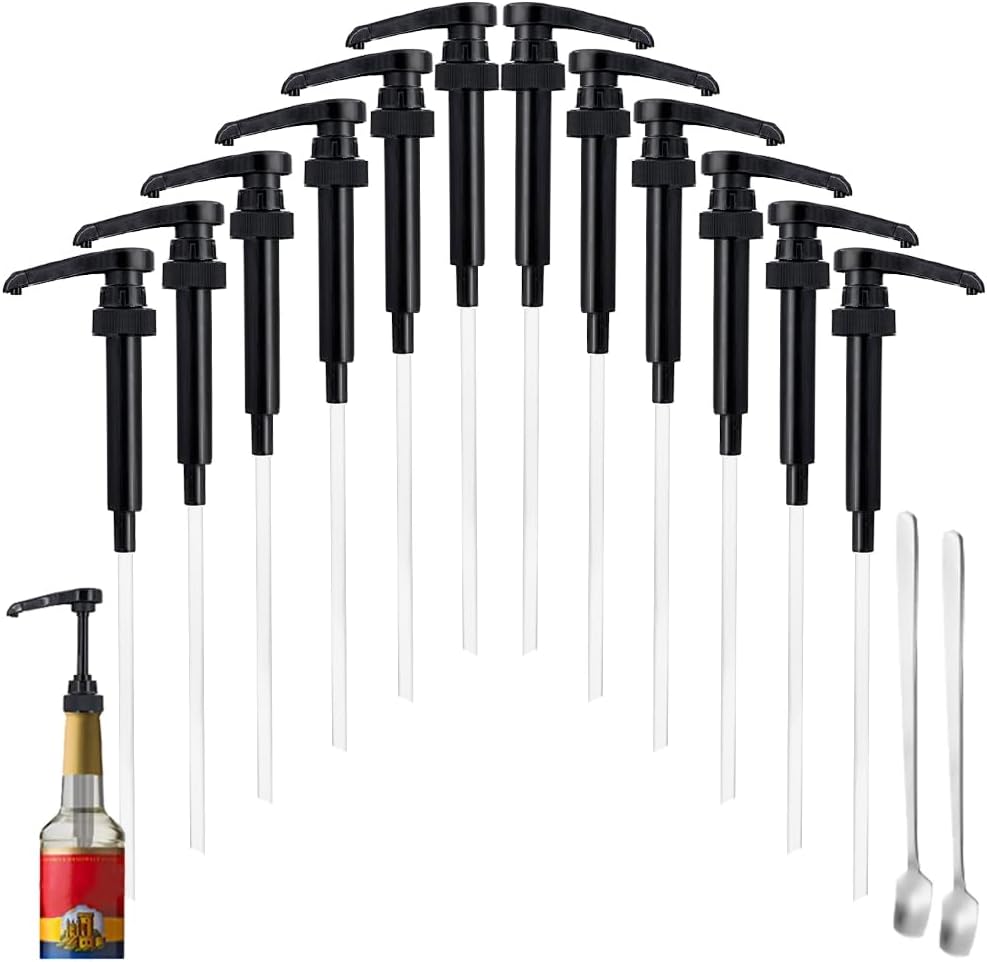 12 Pcs Black Coffee Syrup Pumps, Compatible with 25.4 Oz/750ml Bottles, Great for Home & Coffee Bar Drinking Mixes, Tea, Beverage, Cocktails, Plus Spoons 12 Packs Black