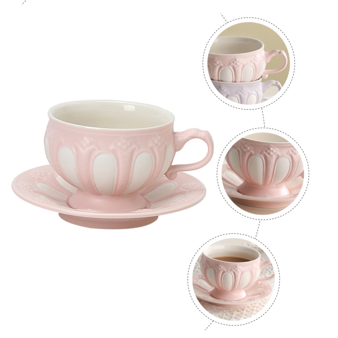 Europäisches Keramik Kaffeebecher mit Relief, 2 Stück Rosa | Ergonomischer Griff, 1, für Tee und Wein, Passend für Café und Dessertshop