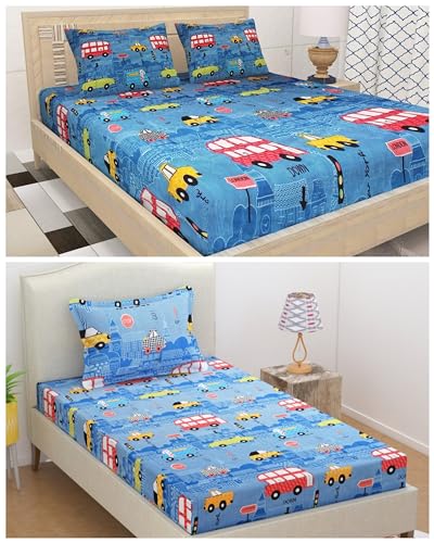 Image of Combo Pack of 2 Elastic Fitted Bedsheet 1 for Double Bed and 1 for Single Bed of Same Print 200TC(CAR Blue)