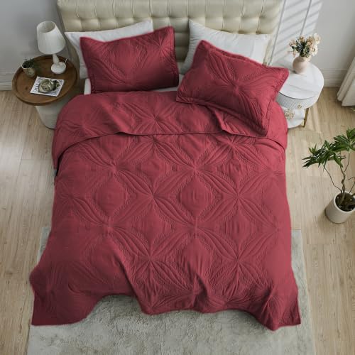 Image of Kingnex Oversized King Bedspreads 128x120 Ultrasonic Quilted Burgundy | Extra Wide Coverlet for Tall Split King Adjustable Bed or Cal King Size, 3 Piece Include 1 Quilt, 2 King Size Pillowcases