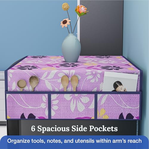 Image of Kuber Industries Cotton Fridge Top Cover | Washable & Anti-Dust Refrigerator Top Cover with 6 Utility Pockets for Kitchen | Flower Design - Purple