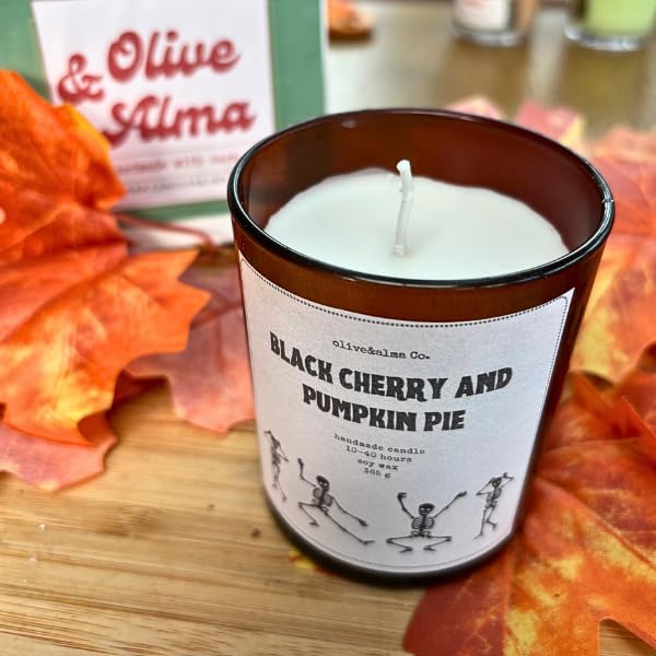 Vela de cera de soja con tarta de calabaza y cereza negra, vela de Halloween, regalo peculiar