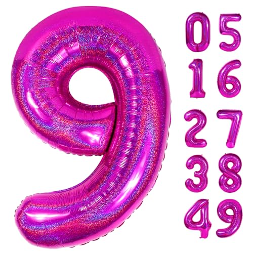 Image of Laser Hot Pink 9 Balloon, Number Balloons 40 Inch, 9th Giant Birthday Decorations,19th 29th Party Decorations Supplies, Number 9 Balloon