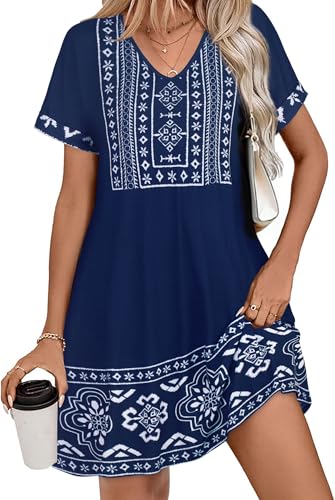 elescat Summer Dresses for Women V Neck Short Sleeve Flowy Tshirt Dress Casual Loose Sundress with Pockets(Blue Bohemian, L)