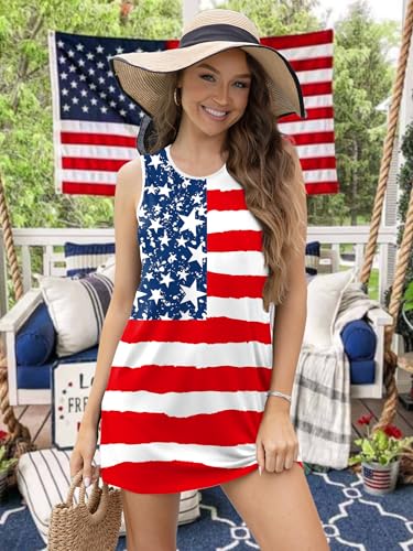 Image of VVNTY American Flag Tank Dress Women: 4th of July Shirts Sleeveless Patriotic USA Flag Tees Casual Summer Tanks Sundress