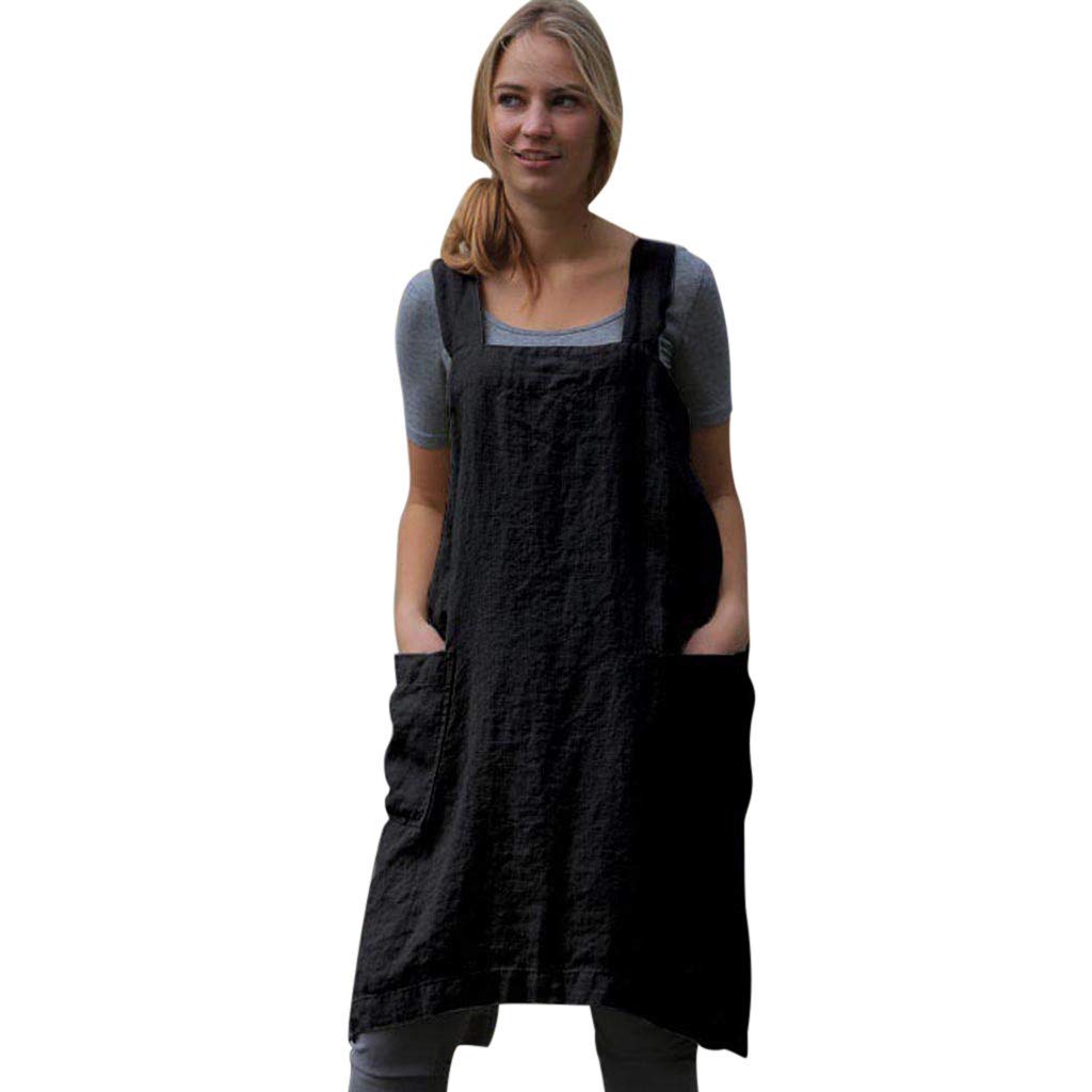 Dress for Womens, Women Cotton Linen Pinafore Square Cross Apron Garden  Work Pinafore Dress Trendy Halter Backless Hollow Out Long Sleeve Sleeveless