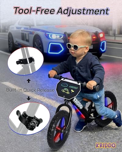 Image of KRIDDO Toddler Balance Bike 2 Years Old, 12-Inch Colorful Lighting-Up Push Bicycle with LCD Writing Tablet, Steady Balancing, Gift Bike for 2-5 Boys Girls, LED-Black