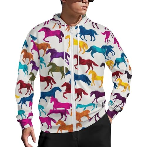 Colorful Horse Men's Zip Up Hoodie Casual Drawstring Hooded Sweatshirt with Kanga Pocket