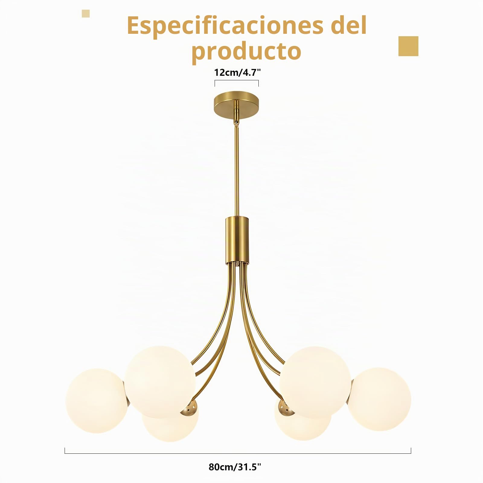 KCO Lighting Lámpara de Araña Moderna 6 Luces Sputnik Cristal Dorado | Diseño Bola Globo, Altura Ajustable, Para Sala de Estar, Para Dormitorio, Para Comedor, Para Cocina