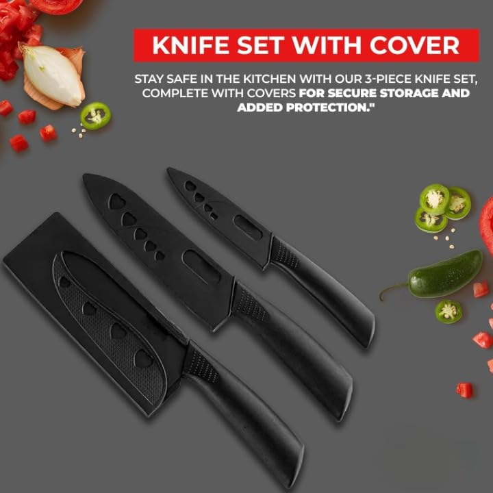 Image of Knife Set for Kitchen Professional 3 Pieces High Carbon Stainless Steel Colour Printed Coated Chef Knife I Utility Knife I Kitchen Knives with Ergonomic (Black)