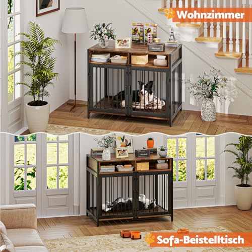 Gimars Hundebox 94×58×63 cm mit Tischplatte und Schublade, robuste Indoor-Hundebox für kleine, mittlere und große Hunde
