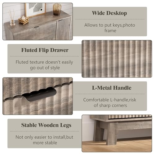 Image of Shoe Cabinet Storage for Entryway with 3 Flip Drawers & Side Cabinet, Fluted Narrow Shoe Organizer with Wooden Leg, Freestanding Shoe Storage Hidden Shoe Rack Organizer for Front Door Entrance, Grey