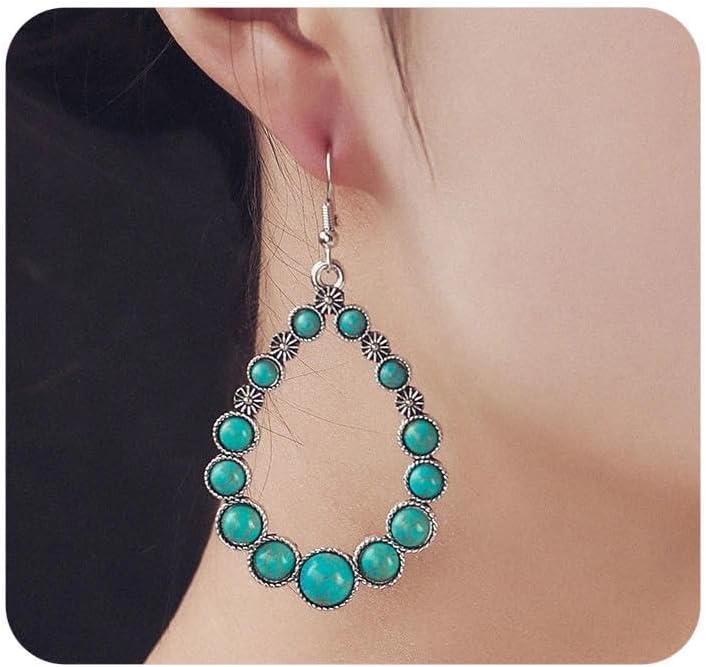 Western Turquoise Earrings for Women Large Silver Statement Drop Earrings Vintage Boho Teardrop Dangle Earring Western Country Jewelry Accessories