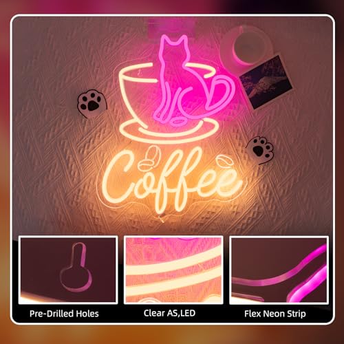 Image of Coffee Cat Neon Sign Dimmable Pink LED Wall Light for Cafe Station Decor | 15.7IN*12.5IN,Five level brightness adjustment,USB powered,For Coffee Kitchen Corner Club Window Decor,Party Gifts
