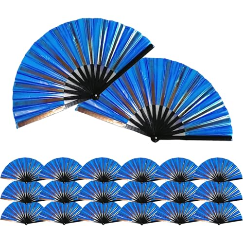 JWShang 20Pcs Boots on the Ground Fan Large Holographic Colors Foldable Hand Fan Line Dance Popping Fan, Handheld Clack Fans for Dance, Home Decor Disco Party, Rainbow Outfits(Dark Blue)