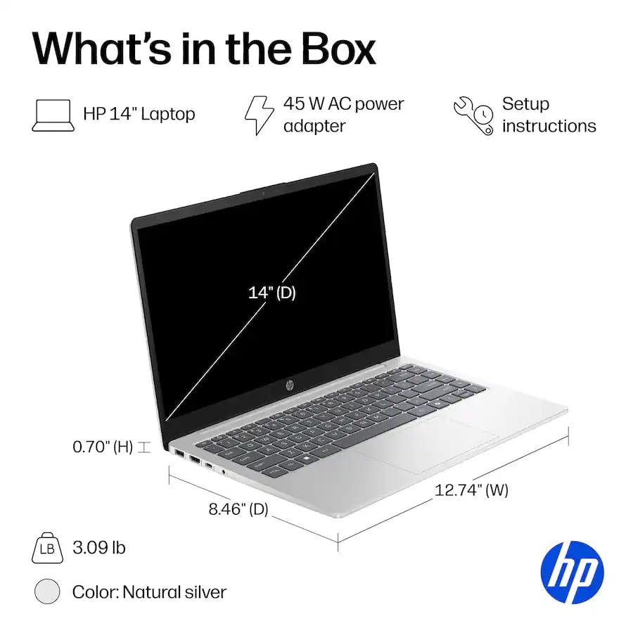 Image of HP 14 inch Laptop for Business & Students, 256GB SSD, Microsoft Office 365 Included, Windows 11, Copilot Key, AMD Athlon Silver 7120U, Natural Silver