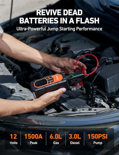 Image of AstroAI S8 Air Nano Jump Starter with Air Compressor, 1500A Peak Car Battery Jump Starter Portable (6.0 Gas /3.0L Diesel) with 150PSI Auto-Shutoff Tire Inflator, 12V Battery Charger Booster(Orange)