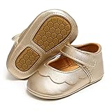 SOFMUO Baby Girls Mary Jane Flats Non-Slip Soft Rubber Sole Infant Sneakers Toddler Princess Dress Walking Shoes(Gold,6-12 Months)