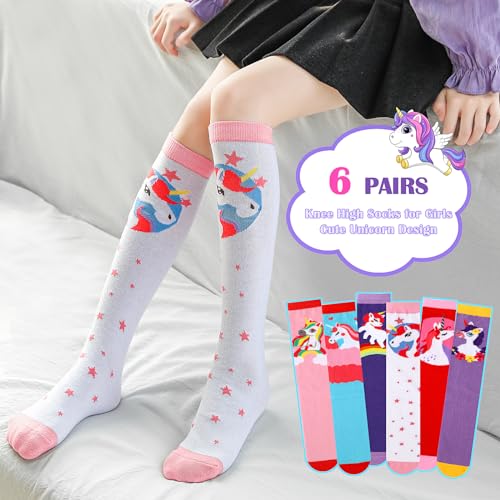 PHOGARY 6 Pairs Girls Knee High Socks, Cute Socks Colorful Cartoon Animal Warm Cotton Socks Crazy Funny Kids Odd Socks Mid Calf Long Boot Socks for 3-12 Years Girls, One Size (B)2