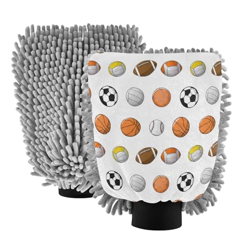 STAYTOP Cartoon Rugby Basketball Football Car Wash Mitt Microfiber, 2Pcs Scratch Free Lint-Free, Premium Chenille Microfiber Mitt Car Wash Brush-L