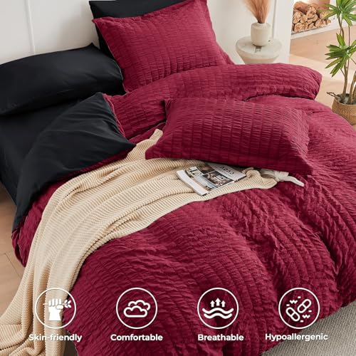Image of HYMOKEGE Red & Black California King Comforter Set Seersucker 7 Pieces, All Season Luxury Bed in a Bag for Bedroom, Bedding Set with Comforters, Sheets, Pillowcases & Shams