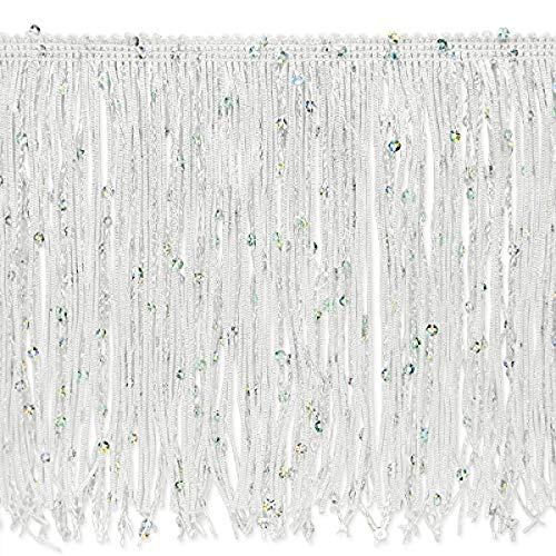 Trims By The Yard 6" Starlight Hologram Sequin Chainette Fringe Trim, Decorative Fringe Trim, For Cosplay Costumes, And Home Decor, Washable Fringes, 10-Yard Cut White #TOP14
