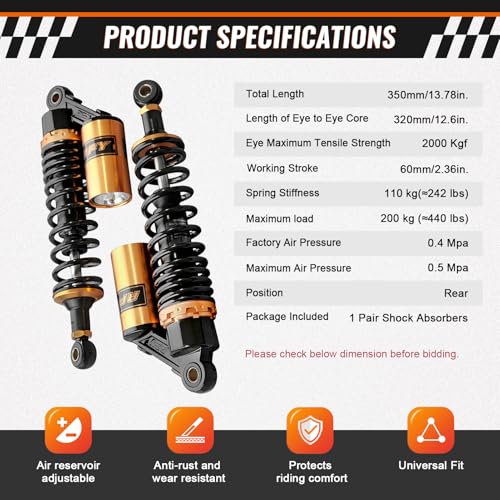 GZYF 12.6 inch 320mm Universal Motorcycle Rear Air Shock Absorbers Adjustable Go Kart Suspension for HONDA for Suzuki for Kawasaki for Yamaha ATV Go Kart Quad Dirt Sport Bikes Black & Gold by GZYF - Image 5