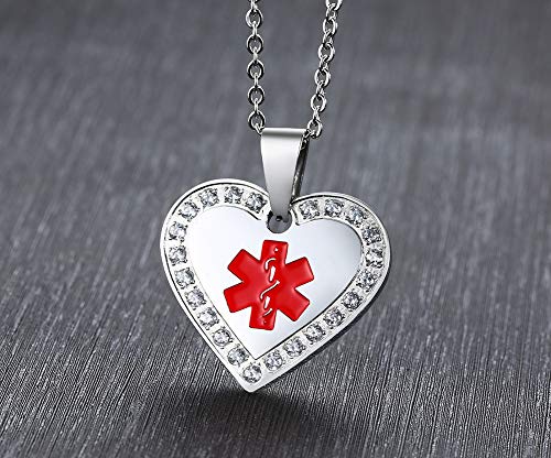 MEALGUET Personalized Custom Stainless Steel CNC Cubic Zirconia Heart Shape Medical Alert ID Pendant Necklace for Women with Chain3