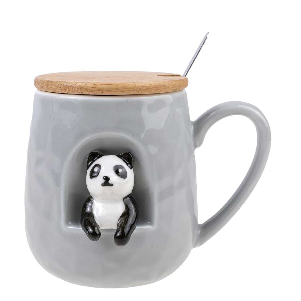 lachineuse - Panda Cup - 3D Relief - Little Panda - Porcelain, Wood, Metal - 380 ML - with Lid and Spoon - Coffee Mug, Tea, Chocolate, Cappuccino - Original Gift Idea