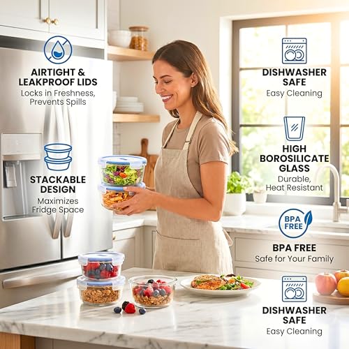 Image of ALTITUDE Borosilicate Round Glass Food Container Set with Airtight Locking Lids, 900ml 600ml 375ml, Insulated Tiffin Bag & 120ml Glass Jar, Microwave Oven Freezer Safe