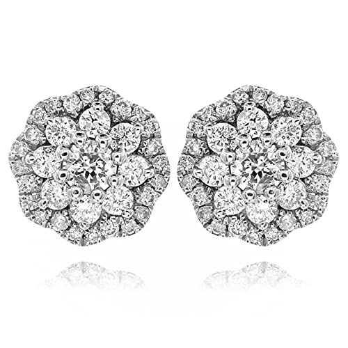 White Gold Rhodium 925 Sterling Silver Unisex Hypoallergenic Iced Cz Round Flower Cluster Hip Hop Round Honey Comb Set Screw Back Stud Earrings For Men And Women
