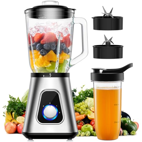 GDOR Blender 1200W Mixeur Bol en Verre 1,5L + Gourde Portable Smoothie Mixer Porfessionel, 3 Vitesses, 6 Lames + 4 Lames en Acier Inox pour Smoothies, Jus de...