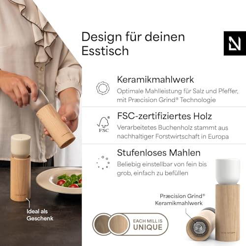 LARS NYSØM Salz und Pfeffermühle Holz Set - Manuelle Mühlen Keramikmahlwerk – Ansicht 2