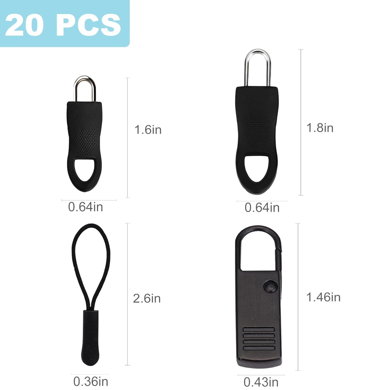 VENEXA 20pcs Zipper Pulls Replacement Kit, Universal Zipper Puller, Detachable Zipper Pull Tab for Bags, Purses, Luggage, Backpacks, Jackets, Boots, Tents - 3 Styles, 4 Sizes