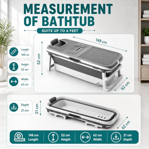 Image of Large Bathtub for Adults 6 Feet Foldable bath tub for bathroom with Temperature Meter and bath pillow 148Lx62Wx52H CM Hot and ice spa bathtub for home Portable adult bathtubs(Grey)