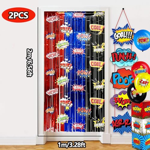 Image of Black Red Blue Balloon Garland Arch Kit Birthday Party Decorations, Hero Foil Fringe Curtains Backdrop Tinsel Streamer Photo Booth Props for Hero Party Decor Supplies Favors