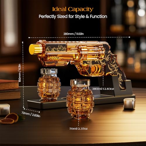 Image of Kollea Black Whiskey Decanter Set with Grenade-Shaped Shot Glasses, Anniversary Birthday Gifts for Men Who Have Everything, Whiskey Gifts for Father, Husband, Boyfriend & Military Enthusiasts