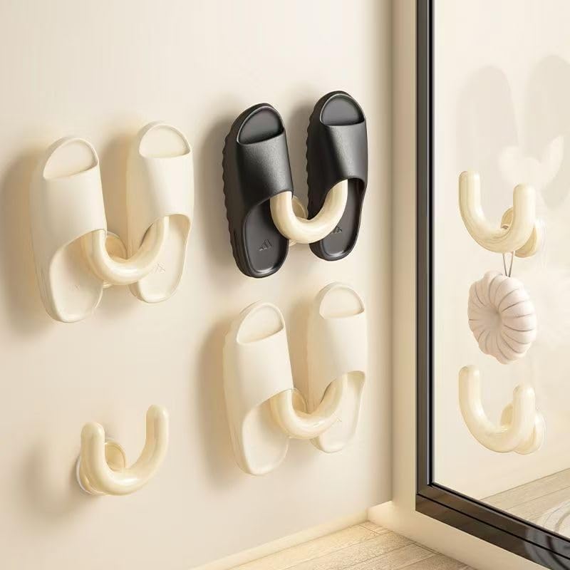 Wall Mounted Shoe Rack with Suction Cup, U-Shaped Hooks for Slippers Storage, White, 2 Pack