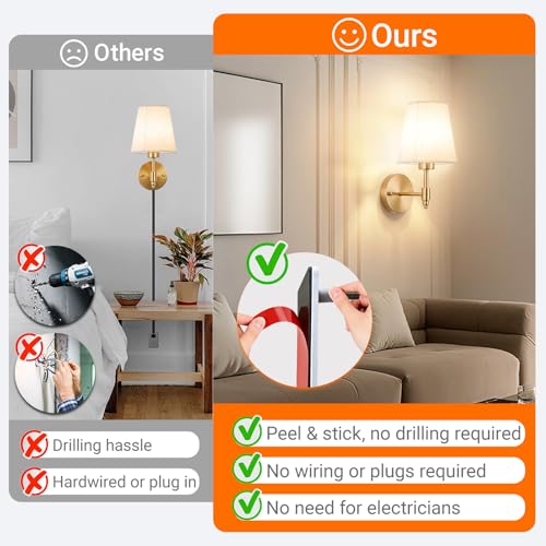 Image of YHCDLAMP Peel and Stick Wall Sconces, No Drilling Stick On Wall Sconce, Wireless Battery Operated Wall Lights, Adhesive Wall Lamp with 10000mAh Battery Bulb for Bedroom Living Room Decor