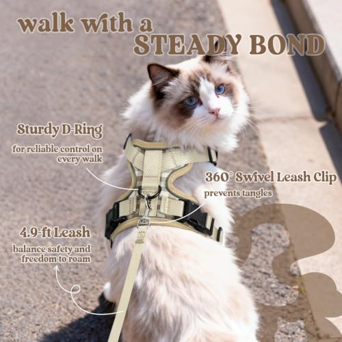 Image of rabbitgoo Cat Harness and Leash Set, Escape Proof Vest, Foamy Coffee | Soft Breathable Mesh, Easy Adjustable Fit, Snap Buckles, Sturdy Clip, Reflective Strips, for Kittens & Small Cats Walks, Xxs
