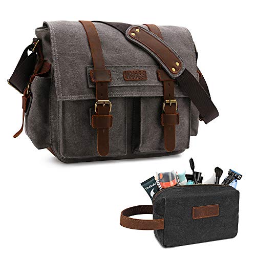 Kattee Leather Canvas Camera Bag Vintage DSLR SLR Messenger Shoulder Bag Dark Gray and Men's Travel Toiletry Bag Canvas Leather Organizer Bag Black