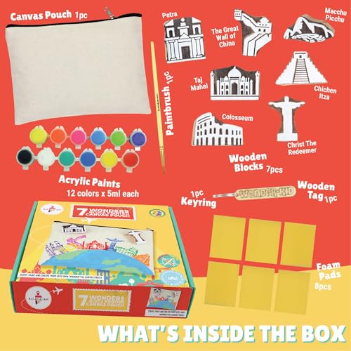 Image of Kalakaram DIY Block Print Canvas Pouch Kit for Kids - Create Your Own 7 Wonders Pouch, DIY Painting Kit, Art Integrated Learning Activity, Learn by Doing Craft Kit, Creative Activity Set for Kids Ages 9-12, Educational Art & Craft Gift for Boys & Girls, Fun Screen-Free DIY Craft Kit