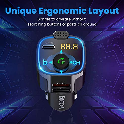 VicTsing 2021 V5.0 Bluetooth FM Transmitter for Car, 23W PD+QC3.0 Wireless Bluetooth FM Audio Adapter/Car Kit/Music Player with 3 USB Ports