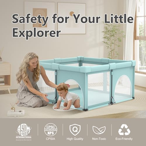 Image of Foldable Baby Playpen, Play Yard for Babies&Toddlers Indoor Outdoor | Comes with mat, 2 Pull-Up Rings & Storage Bag. Portable Playpen Baby Fence Play Area with Visible Mesh