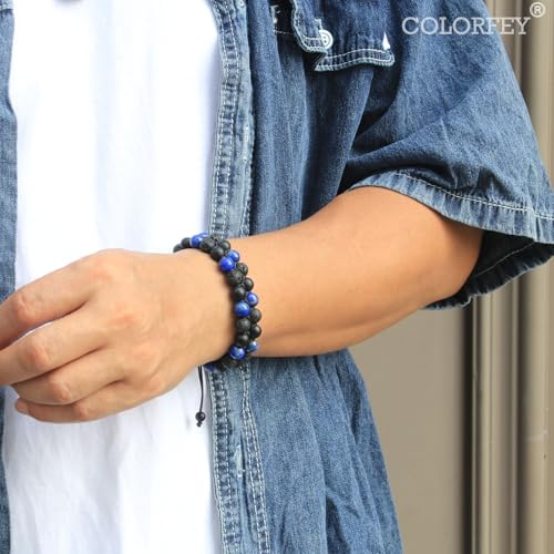 Triple Protection Bracelet for Men Women Mens Blue Beaded Lapis Lazuli Crystal Bracelet Premium Lava Rock Onyx 8mm Stone Bracelets, Healing Energy Bracelets Warm Gift for Him Bring Luck2