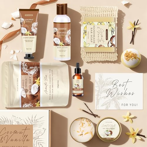 Gifts for Women Happy Birthday Gift Baskets, Bath and Body Gift Set Mothers Day Gifts, Vanilla Coconut Relaxing Home Spa - Additional View
